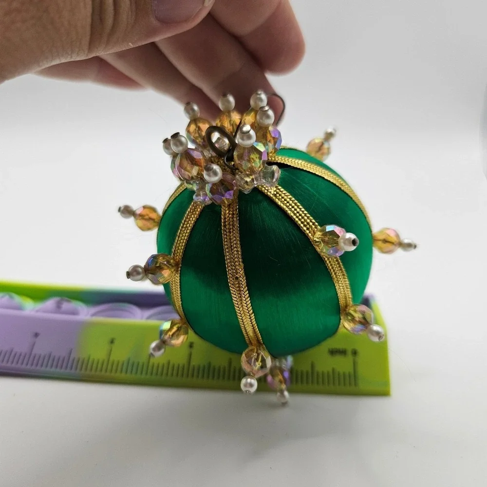Vintage Emerald Green Beaded Christmas Ornament Holiday Decor‎ Sphere Handmade